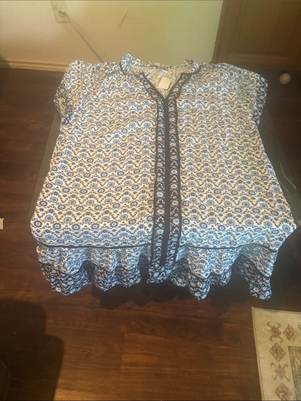 LOFT Blue and White Printed Midi Dress with Dark Trim